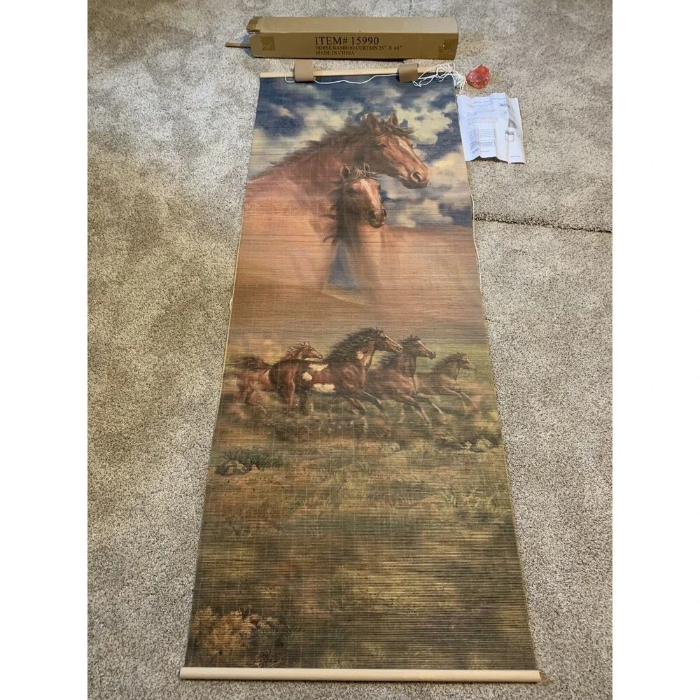 Bamboo Roll Up RomanShade/ Blind With Horses Sunshade Screen New in Original Box